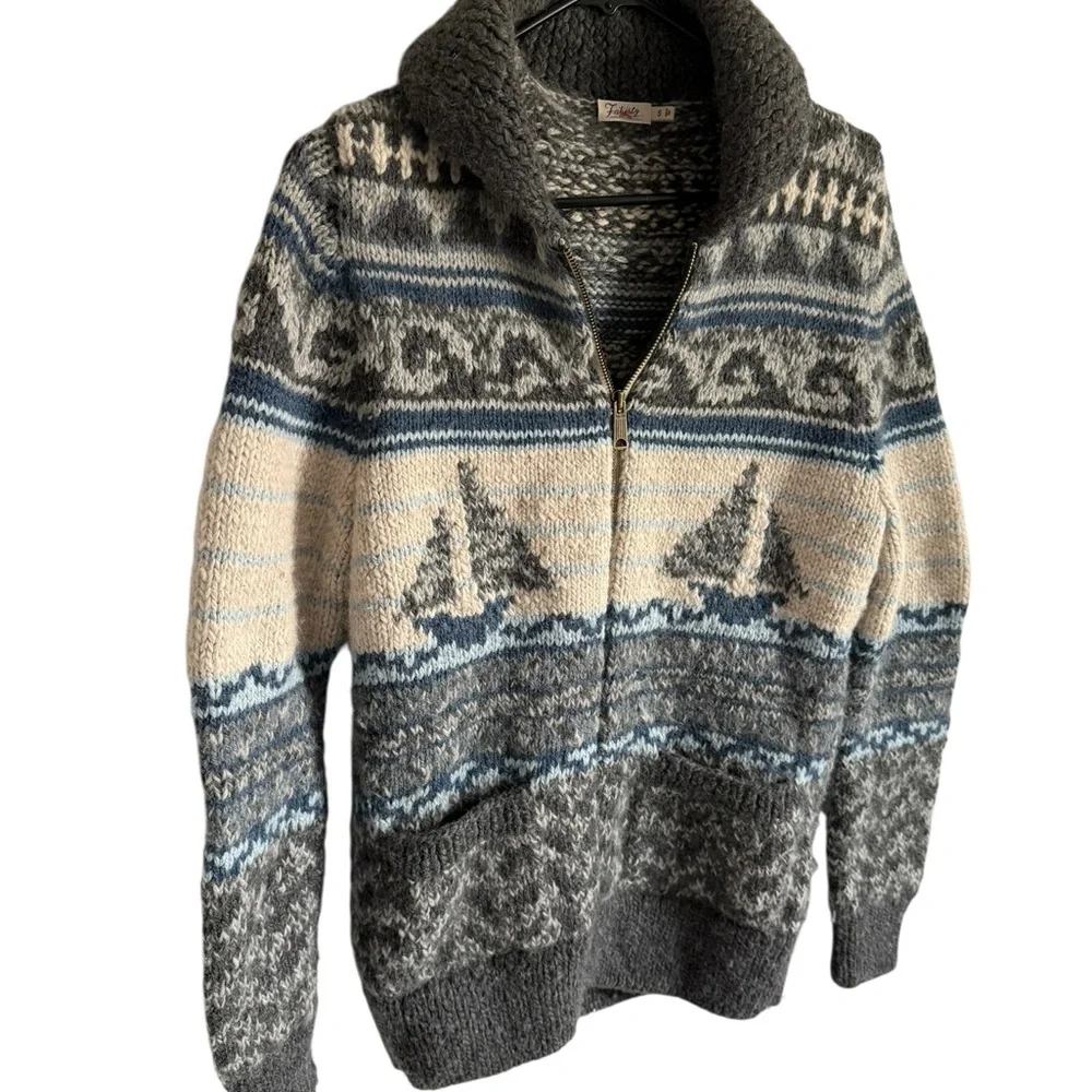 Faherty Sailboat Cowichan Alpca Blend Cardigan, Size Small - Picture 3 of 8